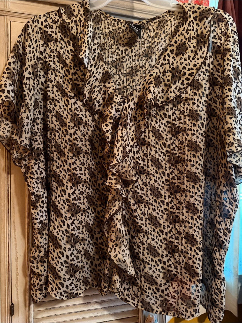 George Leopard Ruffle V-Neck Blouse - Beige/Brown